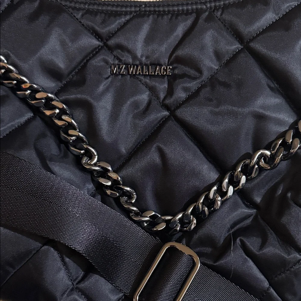 MZ Wallace Quilted Black Nylon Hobo with Silver Chain Accent
